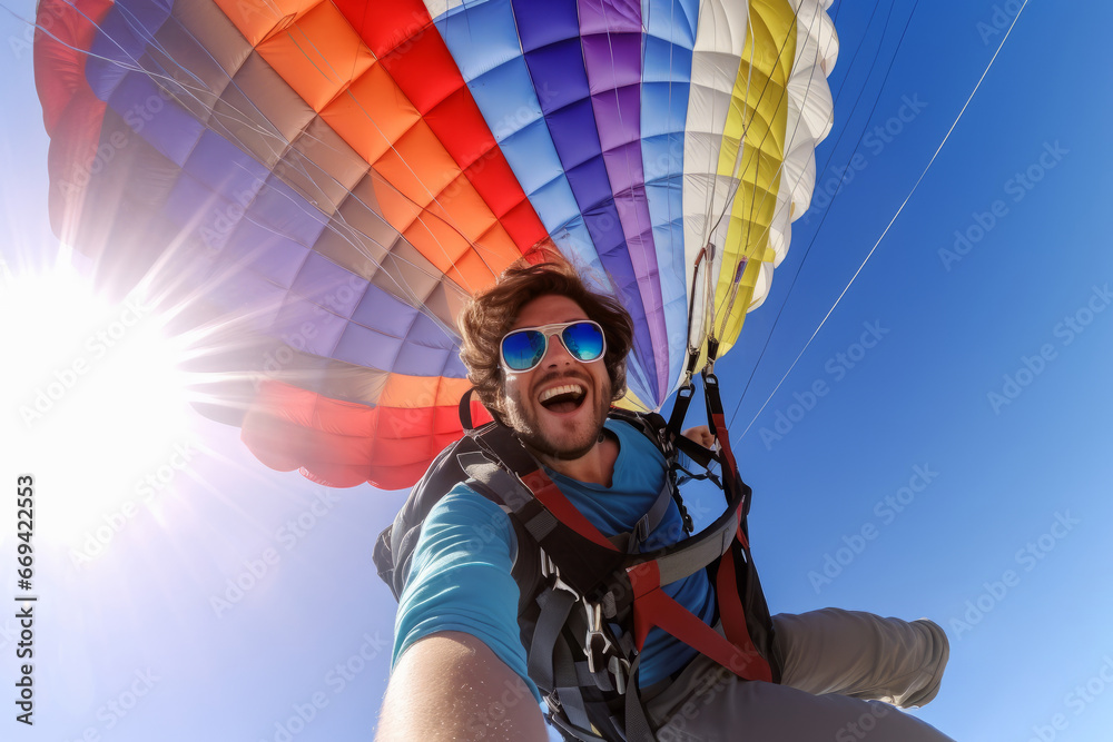 Wall mural close up on a cheerful young man wearing sunglasses descends on a bright multi colored parachute aga