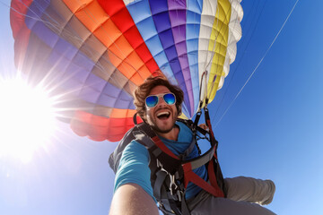 Close up on a cheerful young man wearing sunglasses descends on a bright multi colored parachute against a clear blue sky, bottom view, selfie