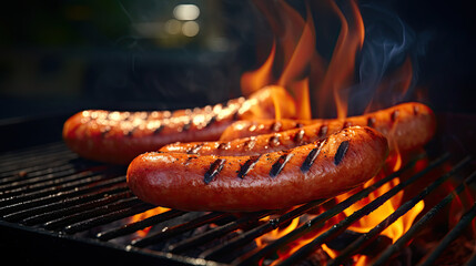 grilled sausages on grill with flame on dark background - obrazy, fototapety, plakaty