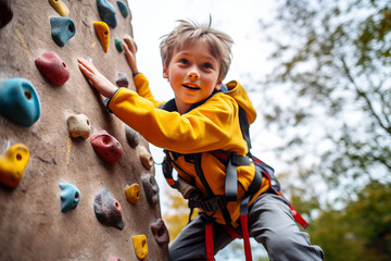 A child confidently climbing a climbing wall on the playground, highlighting physical activity and skill development - obrazy, fototapety, plakaty