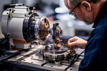 A worker using a precision tool on a lathe to create intricate metal components,  showcasing the craftsmanship and technical skills involved in manufacturing