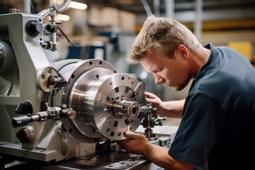 A worker using a precision tool on a lathe to create intricate metal components,  showcasing the craftsmanship and technical skills involved in manufacturing