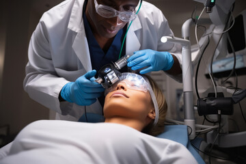 An ophthalmologist examining a patient's eyes using specialized equipment. The precision and...