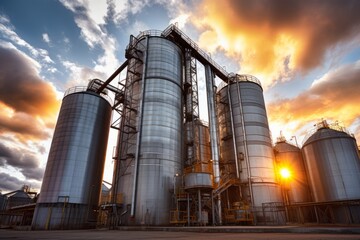 A striking view capturing the exterior of a towering industrial complex against a dramatic sunset sky, emphasizing the grandeur of modern industry