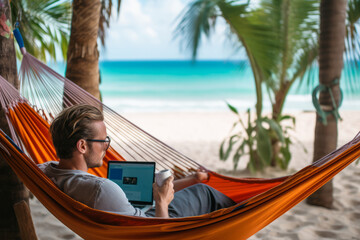 The concept of freelance travel, featuring a man with a laptop working from a hammock on a tropical beach, remote work