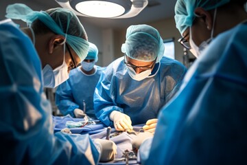 A group of doctors and nurses collaborating during a medical procedure, surgery. Teamwork in healthcare