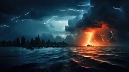 A fierce flash of lightning over the sea at night in the tempestuous sky. - obrazy, fototapety, plakaty