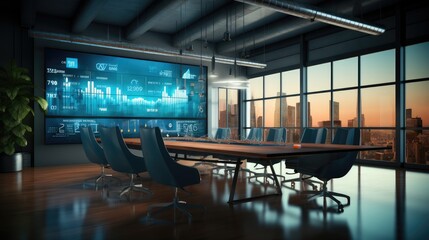 A large meeting room with a long table, Seats and big wall LED screen presenting numbers of Sales Chart.
