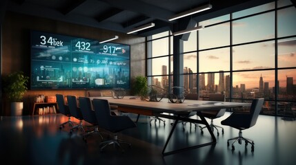 A large meeting room with a long table, Seats and big wall LED screen presenting numbers of Sales Chart.