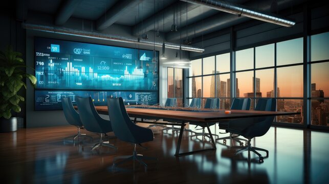 A large meeting room with a long table, Seats and big wall LED screen presenting numbers of Sales Chart.