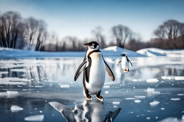 A delightful scene of an ice-skating penguin gliding gracefully on a frozen pond.