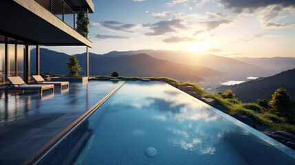 Swimming pool and patio outside modern house - obrazy, fototapety, plakaty