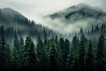 Moody forest landscape with fog. forest mountain landscape 