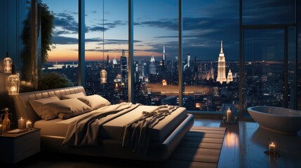Beautiful bedroom with glasses and urban cityscapes.