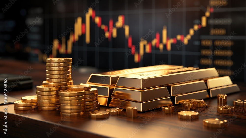 Poster gold bar resting investment on a stocks graph representing.