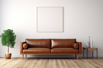 a minimalist living room with a white wall and brown leather sofa