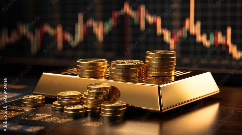 Poster gold bar resting investment on a stocks graph representing.