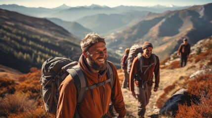 Fototapeta na wymiar Group of male travelers with backpacks exploring on mountain.