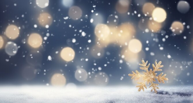 Christmas winter background with snow and blurred bokeh. Merry Christmas and Happy New Year greeting card