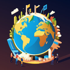 Global business concept vector illustration. Cartoon flat tiny people characters working together on planet earth globe. Teamwork, partnership, teamwork metaphor. Generative AI