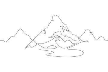 The top of the mountain range. Beautiful mountain landscape. High mountain peak. One continuous line drawing. Linear. Hand drawn, white background. © derplan13