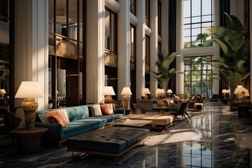 Interior hotel lobby, warm, sophisticated, upscale.
