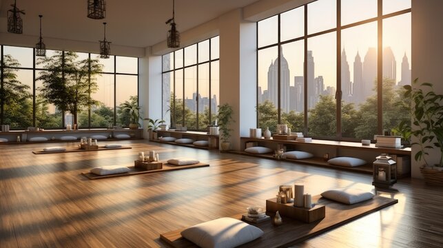 A large modern yoga studio with city view.