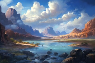 Fototapeta na wymiar River running, desert landscape, mountains, blue water, clouds. Generative AI