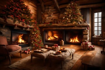 Fototapeta na wymiar A warm and inviting fireplace with crackling logs, perfect for cozying up on Christmas Eve.