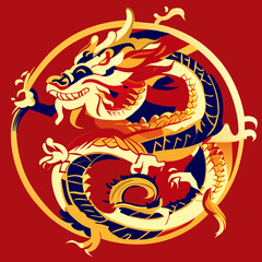 Illustration of a stylized Chinese dragon in a circle on a red background AI Generated