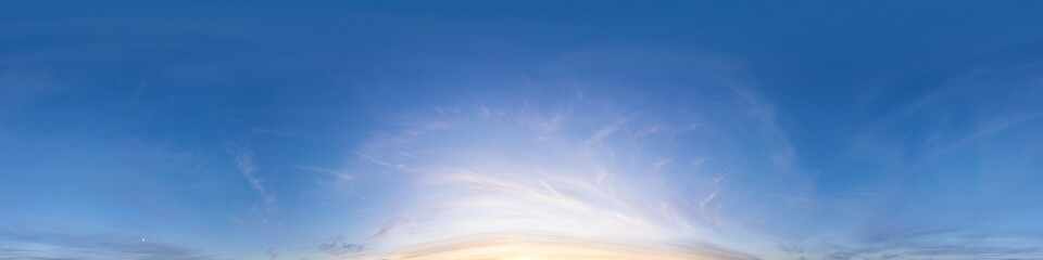 Sunset sky panorama with golden pink Cirrus clouds. Seamless hdr spherical 360 panorama. Sky dome in 3D visualization, sky replacement for aerial drone 360 panoramas. Weather and climate change