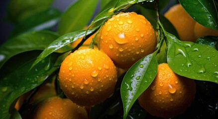 Fresh oranges on a branch with drops of water close-up photo