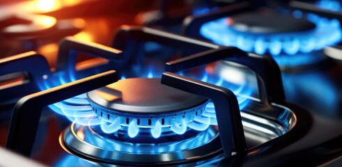 Burning gas cooker burners fire close-up, the concept of warmth and cosiness in the house