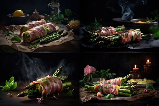 Asparagus Wrapped with Ham, Asparagus Rolled with Prosciutto Abstract Generative AI Illustration