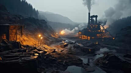 Open-pit coal mine, Coal mining pit with heavy machinery.