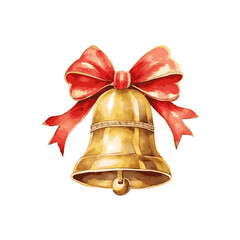 Christmas golden bell with red bow for greeting card design watercolor paint on white
