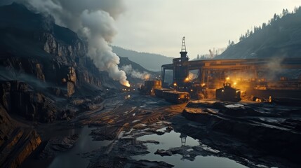 Open-pit coal mine, Coal mining pit with heavy machinery. - obrazy, fototapety, plakaty