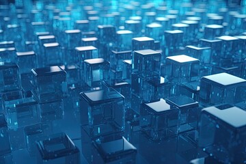 Fototapeta premium Transparent Cubes Background, Blue Glass Cube Pattern, Geometric 3d Crystals, Abstract Generative Ai Illustration