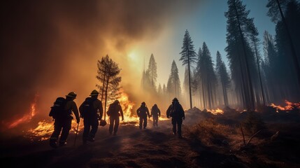 Forest fire, Firefighters gets ready to work in the middle of a burning forest. - obrazy, fototapety, plakaty