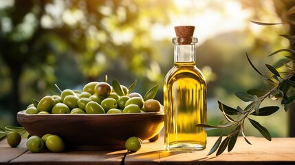Bottle of olive oil with olives on the wood table.