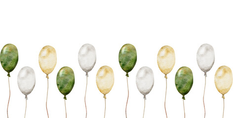 Watercolor hand drawn illustration, Saint Patrick holiday. Seamless border. Ireland tradition, symbols, national colors balloons. Isolated on white background. For invitations, print, website, cards.