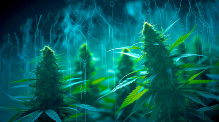 Cultivating cannabis amidst a digital graph backdrop showcases the fusion of nature and technology