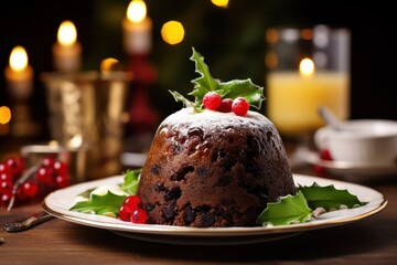 Fototapeta na wymiar Christmas pudding on the table at candlelight xmas dinner