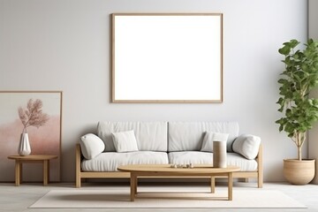 blank frame painting above sofa or couch in modern living room interior mockup