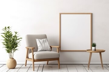 mockup blank frame painting  in modern living room interior with armchair and coffee table. Lounge waiting room design.