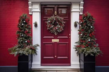 Fototapeta na wymiar christmas wreath on the burgundy door door with xmas tree decorations