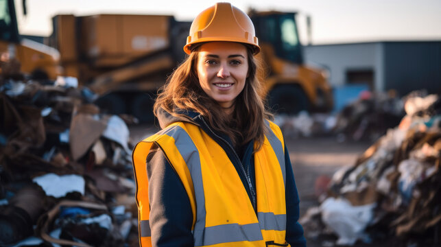 Female worker standing on front of a pile of scrap at recycling center. - Powered by Adobe
