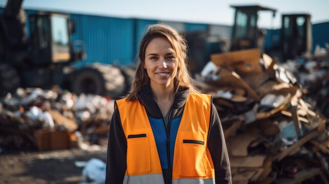 Female worker standing on front of a pile of scrap at recycling center. - Powered by Adobe
