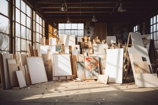 empty frames at artist's loft studio interior or workshop mock up