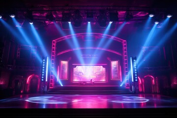 empty live concert stage music concert with pink and blue neon lights set design - obrazy, fototapety, plakaty